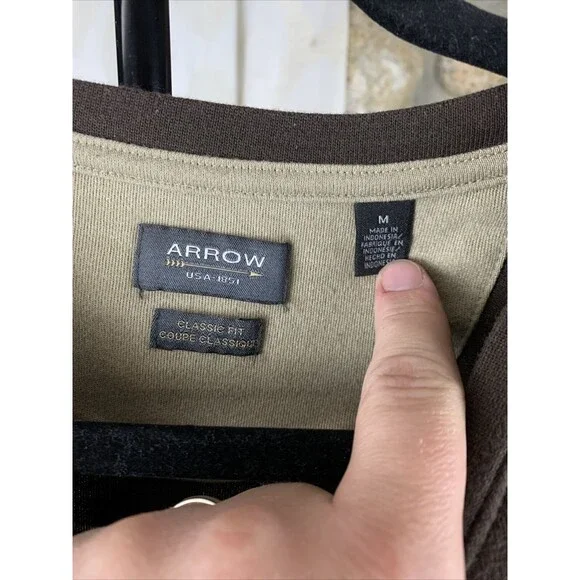 ARROW Mens Medium Classic Fit Dark Brown Long Sleeve Crew Neck Pullover Shirt - Picture 2 of 6